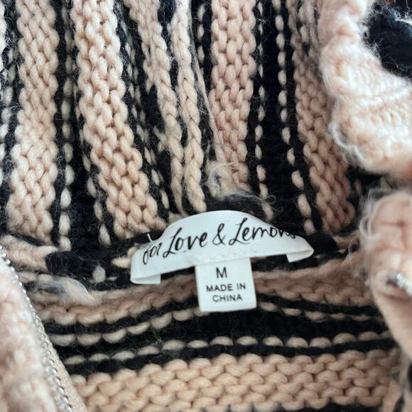 For Love & Lemons Elyse Cream Black Striped Knit Long Sleeve Half Zip Hoodie M - Picture 3 of 9